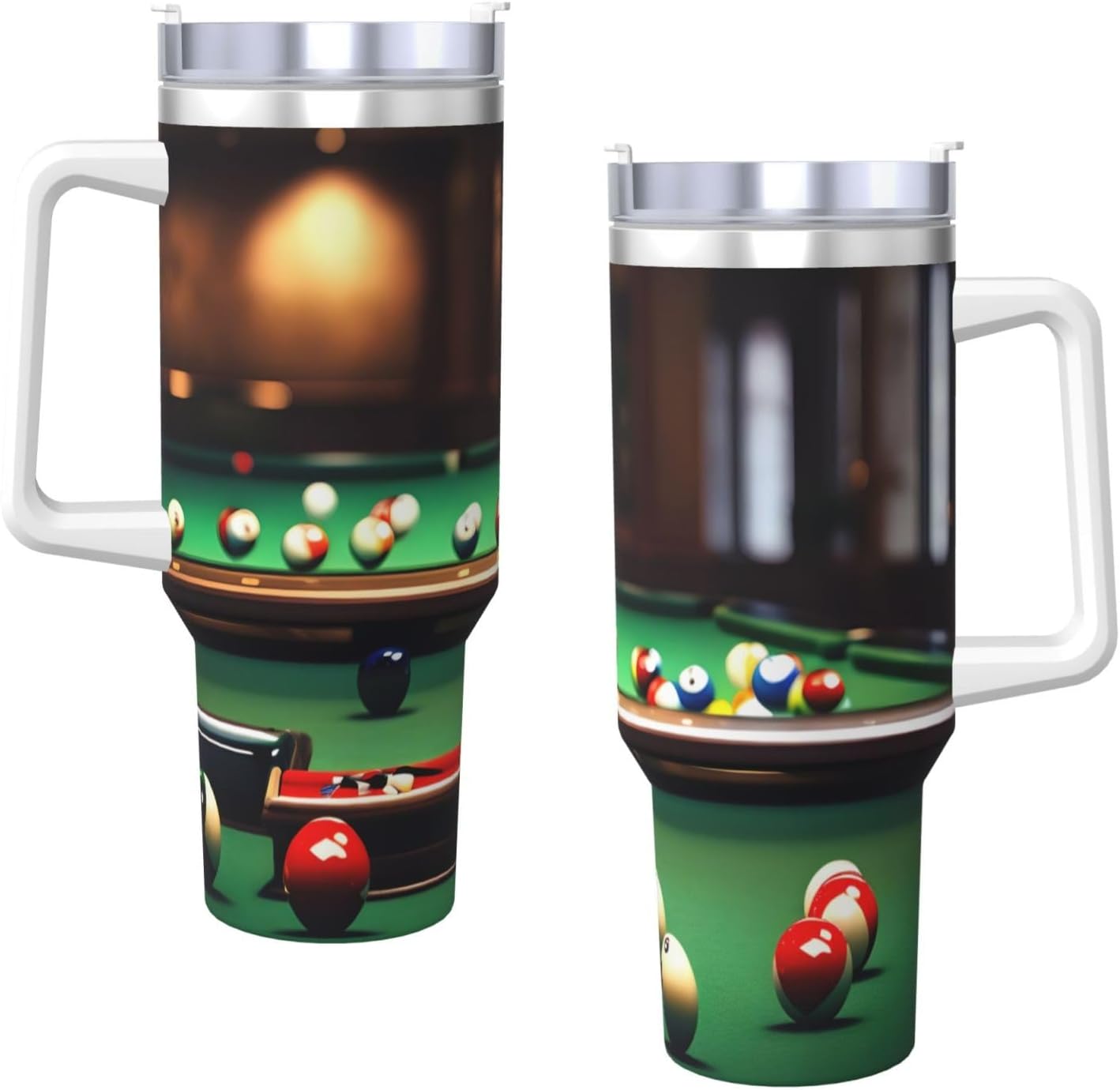 40 OZ Billiard Print Ice Bully Cup with Handle Straw Lid Straw,Stainless Steel Tumbler Coffee Cup