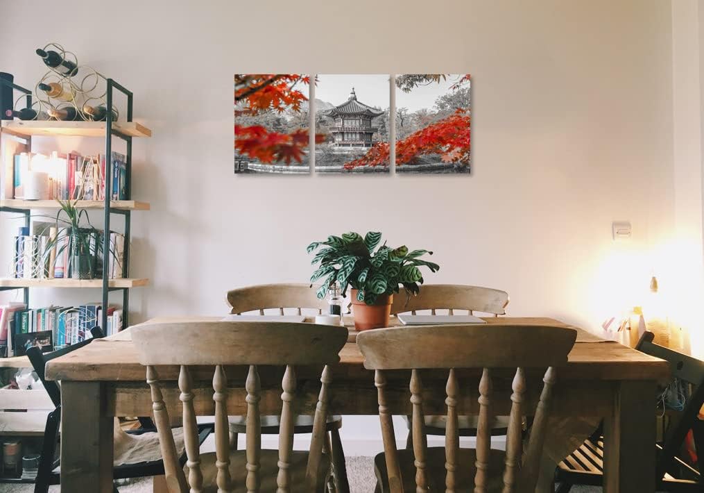 Korean Landscape Wall Art Canvas Gyeongbokgung Palace Architecture Pictures on Wall Art for Home Office Decorations Living Room Bedroom and Kitchen Decor 3 Pcs Framed Canvas Prints 12X16inches