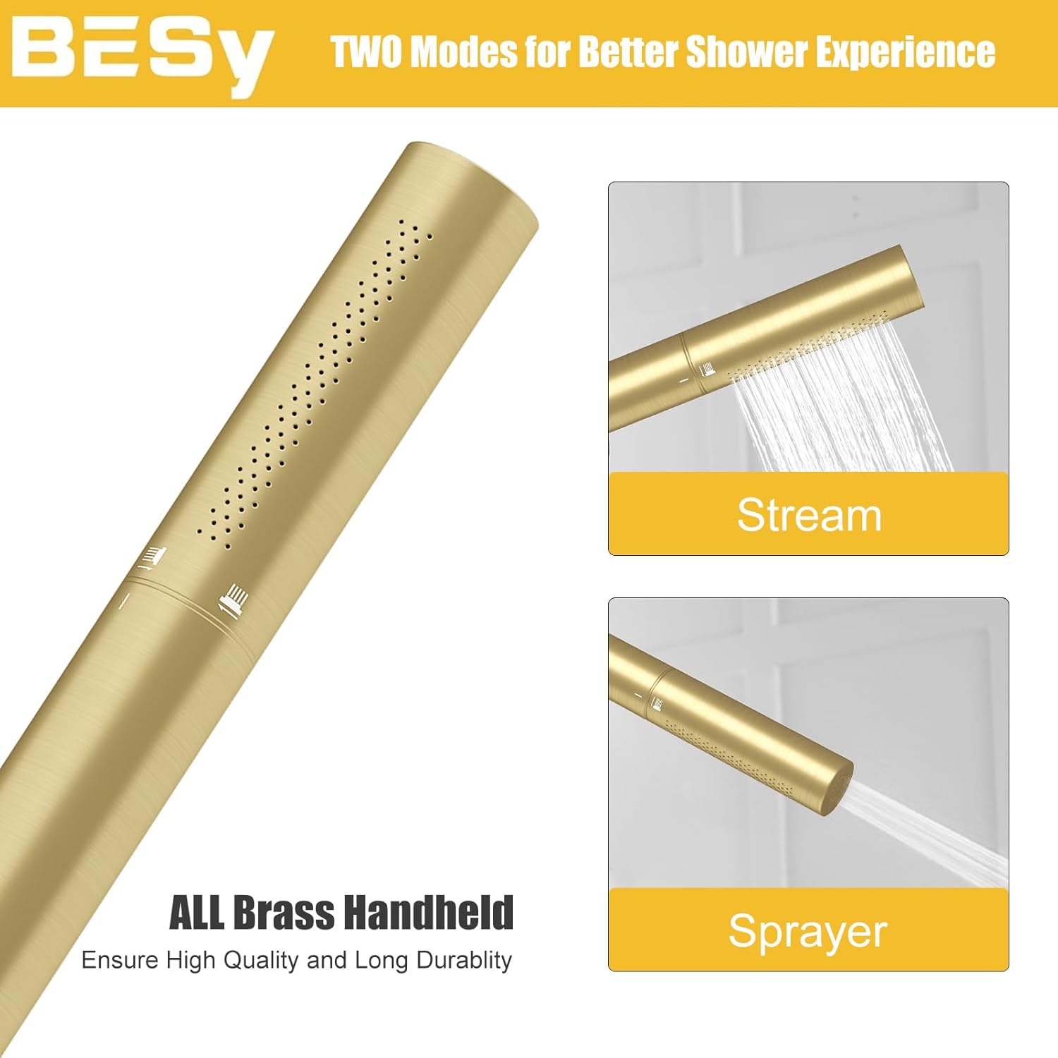 BESy Brass 2 In 1 Function Handheld Shower Head Set High Pressure 7 Inch Shower Head High Flow Hand Shower Wand with 59 Inch Hose, Bracket, Brushed Gold