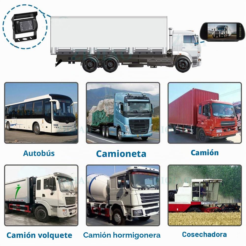 Monitor de espejo retrovisor de 4 pines de 7 pulgadas + 18 LED de visión nocturna, cámara de marcha atrás impermeable con cable de 15 m para camión de 12 V-24 V, caravana, remolque, autocaravana