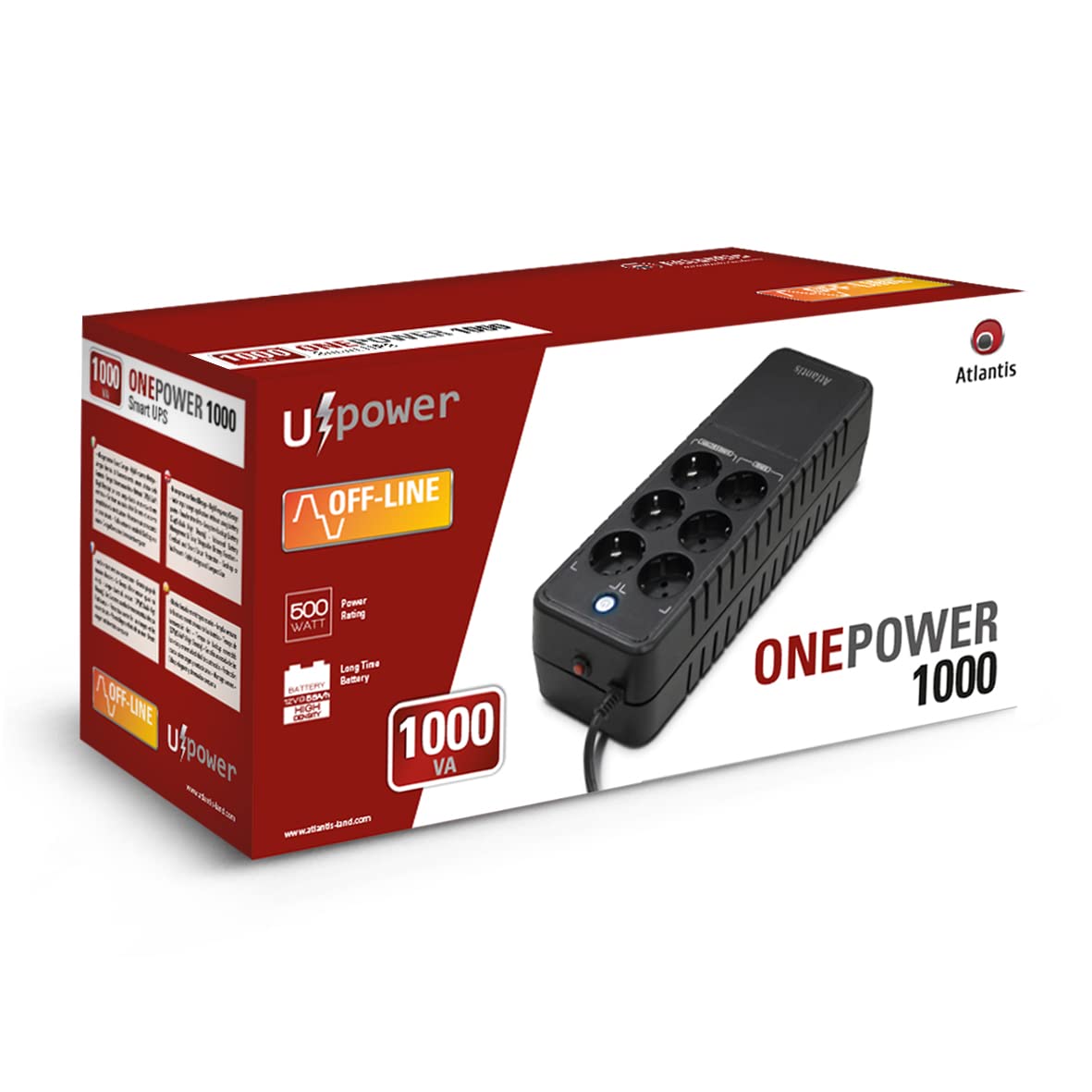 Atlantis Land OnePower 1000 sistema de alimentación ininterrumpida (UPS) 1000 VA 6 salidas AC - Fuente de alimentación continua (UPS) (1000 VA, 500 W, 162 V, 290 V, 220 V, 50 Hz)
