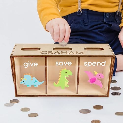 Miniatura 2 de Give Save Gastar Kids Teach Money Bank Nombre personalizado con dinosaurios o unicornio Banco de enseñanza para niños Caja de ahorros personalizada
