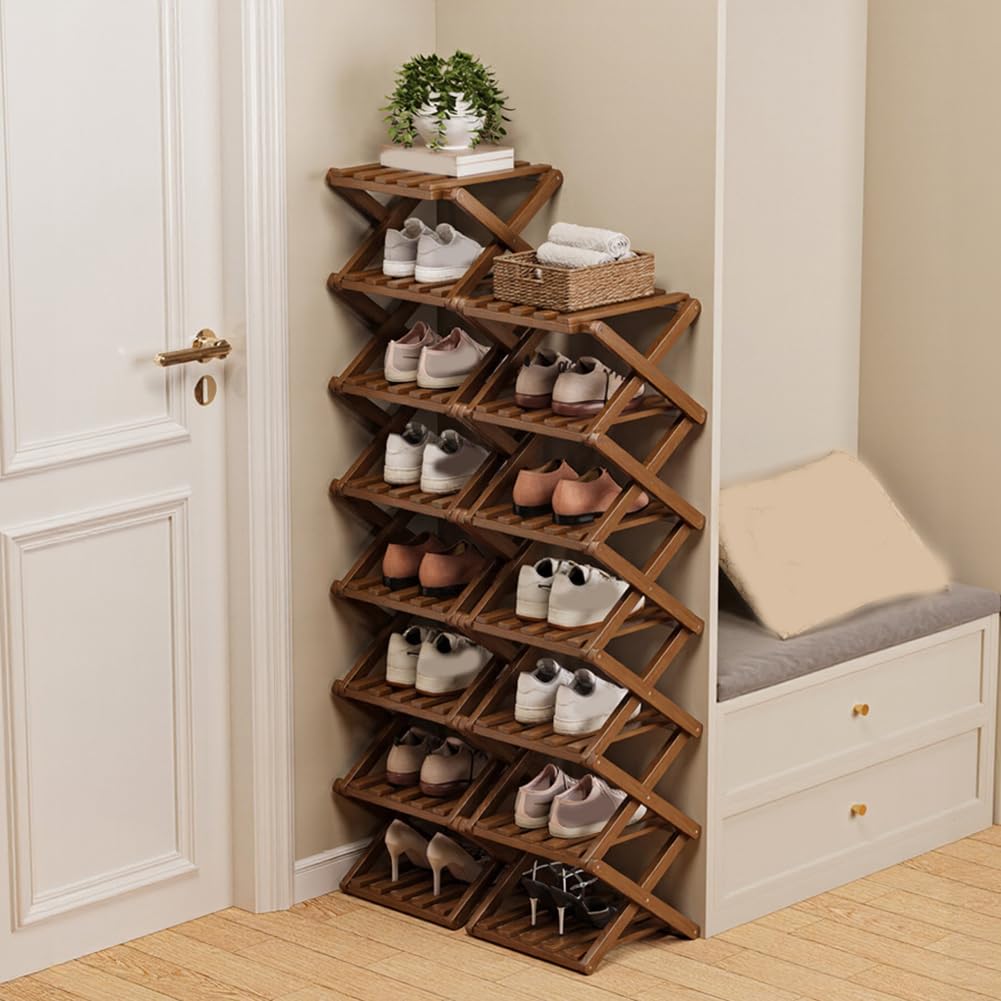Faltbares Schuhregal mit anpassbaren Ebenen, werkzeuglose Montage aus Holz für Eingangsbereich, Wohnheim, Wohnung – platzsparender, schlanker Aufbewahrungsständer (8 Ebenen, gelb)