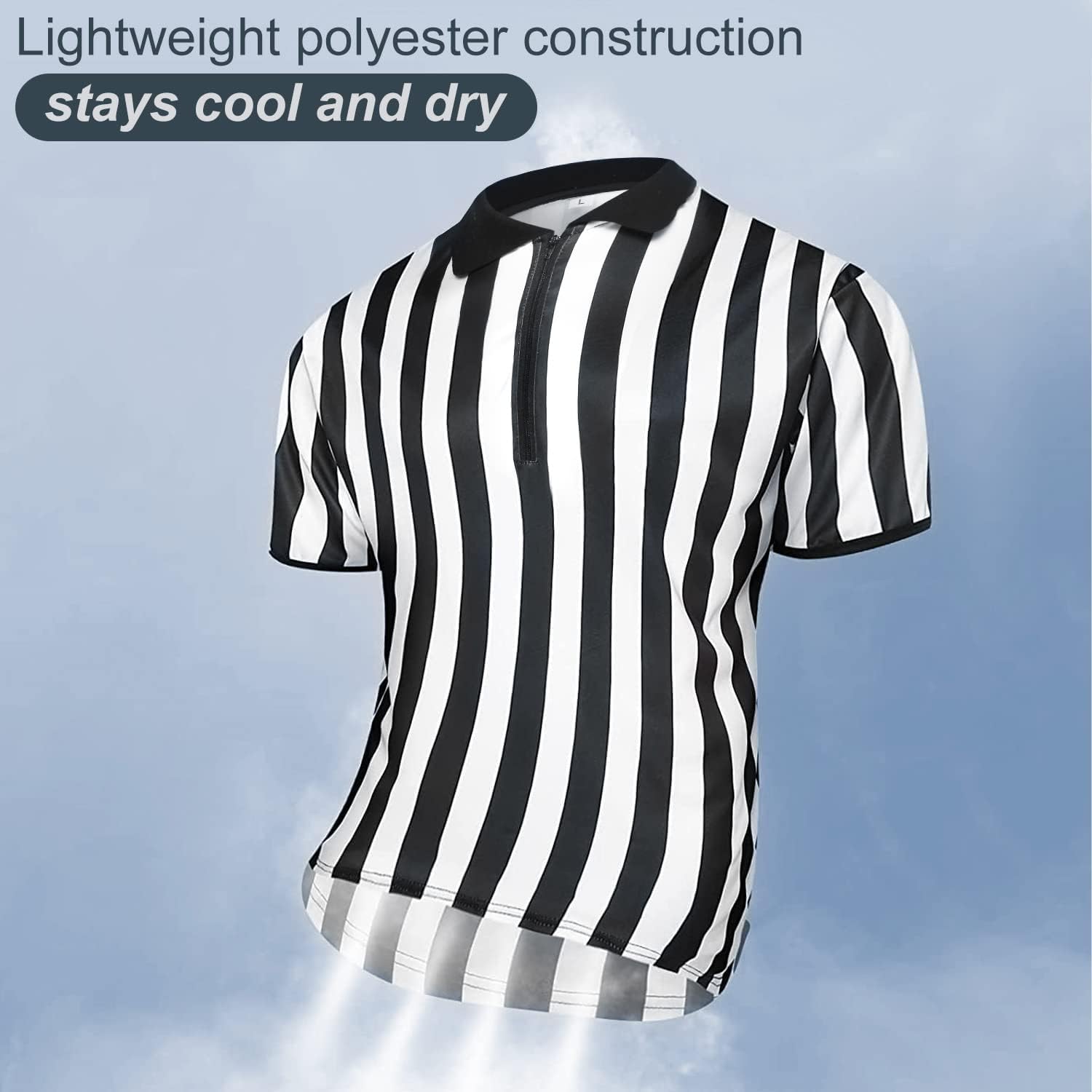 Camiseta oficial de árbitro profesional hombre rayas blancas negras cremallera cuello vuelto baloncesto fútbol