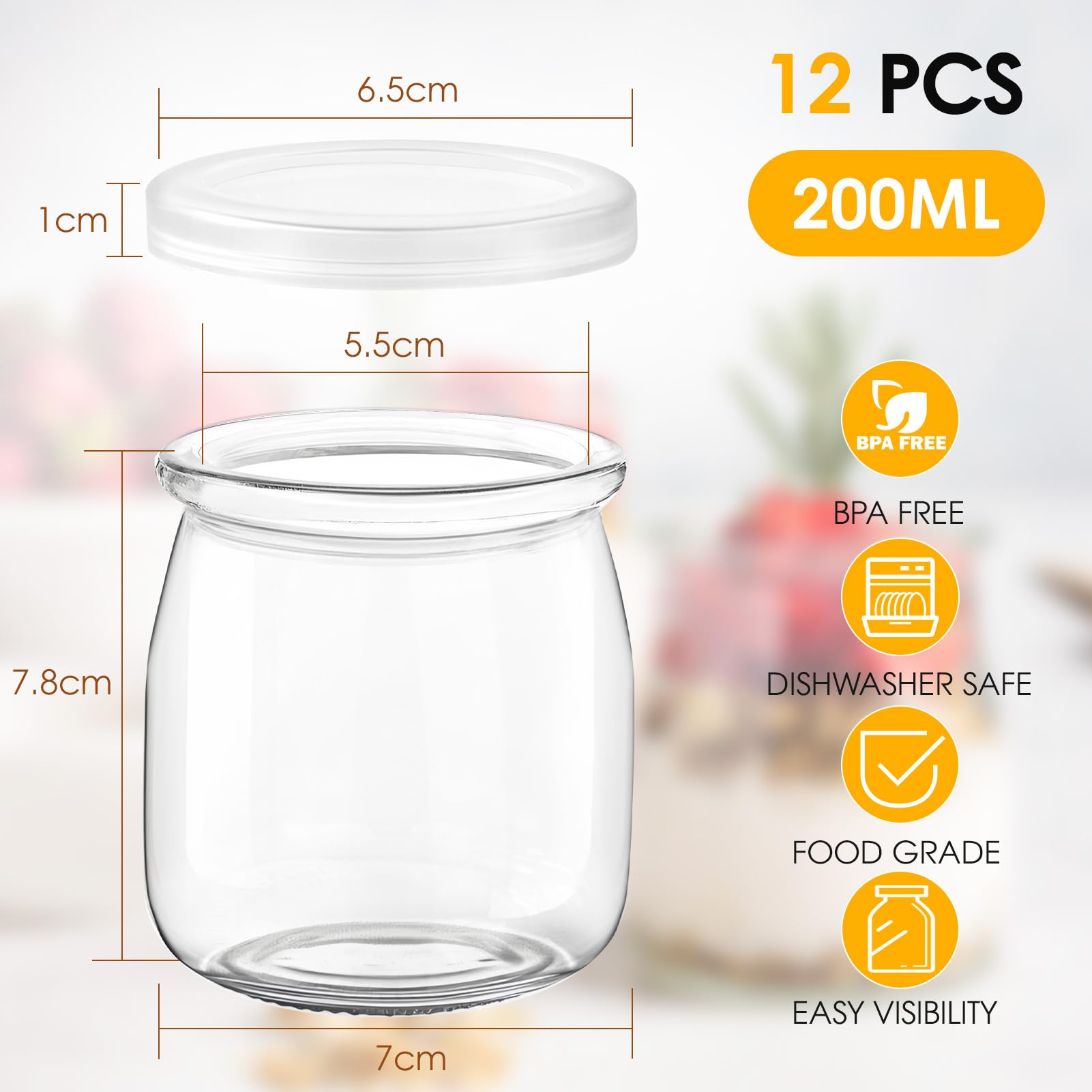 FoiiLiio 200ml Vasetti per yogurt con coperchio,12 Vasetti Yogurt Vetro,Vasetti Vetro piccoli per Yogurt,piccoli barattoli di vetro con coperchi,barattoli per yogurt per budino