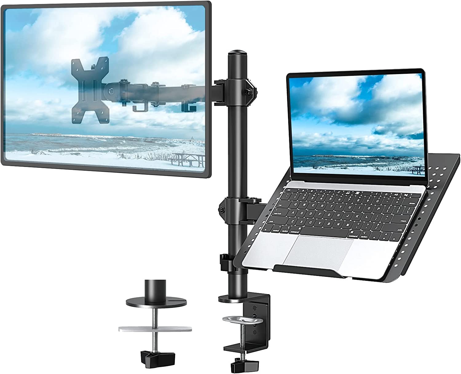 L&E HELEE Monitor Stand, Dual Monitor Arm,Laptop Desk Mount,Height&Angle Adjustable,Compatible with 17-32"Monitor&12-17"Notebook/Mackbook,Capacity 19.8lbs,VESA&Laptop Tray,C-Clamp,Aluminum Alloy