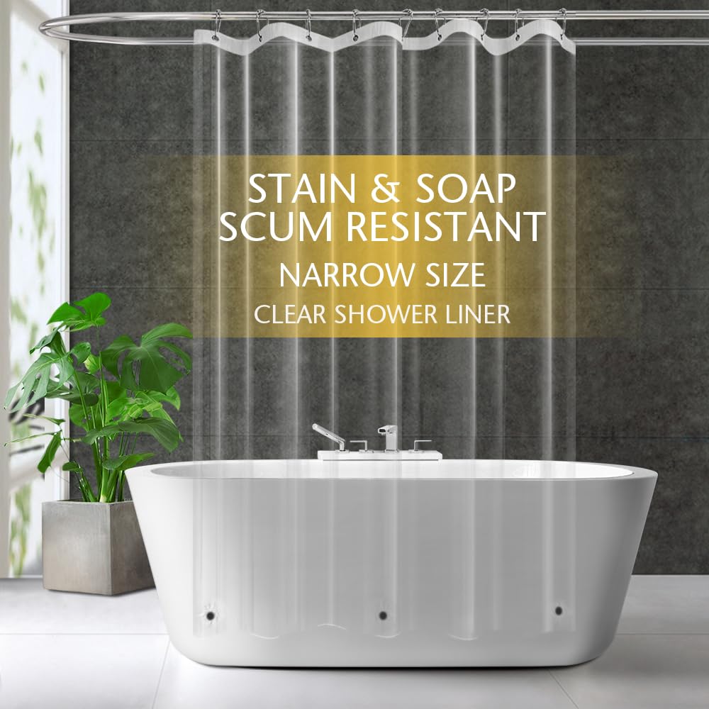 ZEMAHOME Narrow Size Clear Plastic Shower Curtain Liner, 54x72 Inch Thin Lightweight Transparent Plastic Bathroom Shower Showroom Inner Curtain with Rustproof Metal Grommet Holes and Weighted Magnets