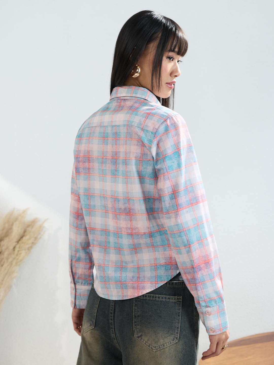The Souled Store Camisa a cuadros: palisandro para mujeres y niñas, manga completa, cuello extendido, algodón, ajuste regular, camisa ligera