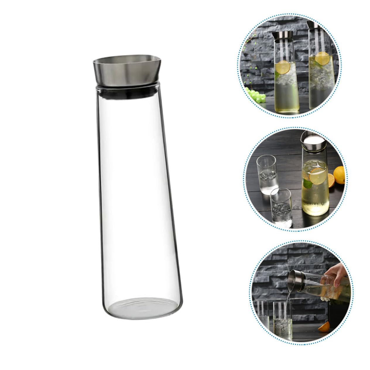 GLEAVI Jarra De Agua Fría Antidesbordamiento 1l De Vidrio De Borosilicato Tapa De Acero Inoxidable Para Uso Doméstico y Oficina Recipiente Transparente Para Jugos y Bebidas