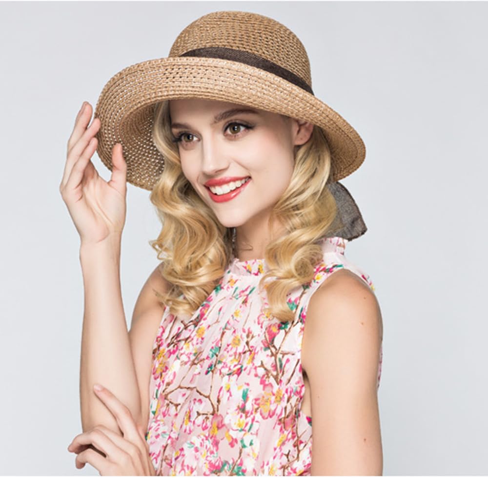 Women Straw Sun Hats Wide Brim Ribbons Roll Up Bucket UPF 50+ Foldable Floppy Sun Hat with Strap UV Protection Summer Beach - Image 3
