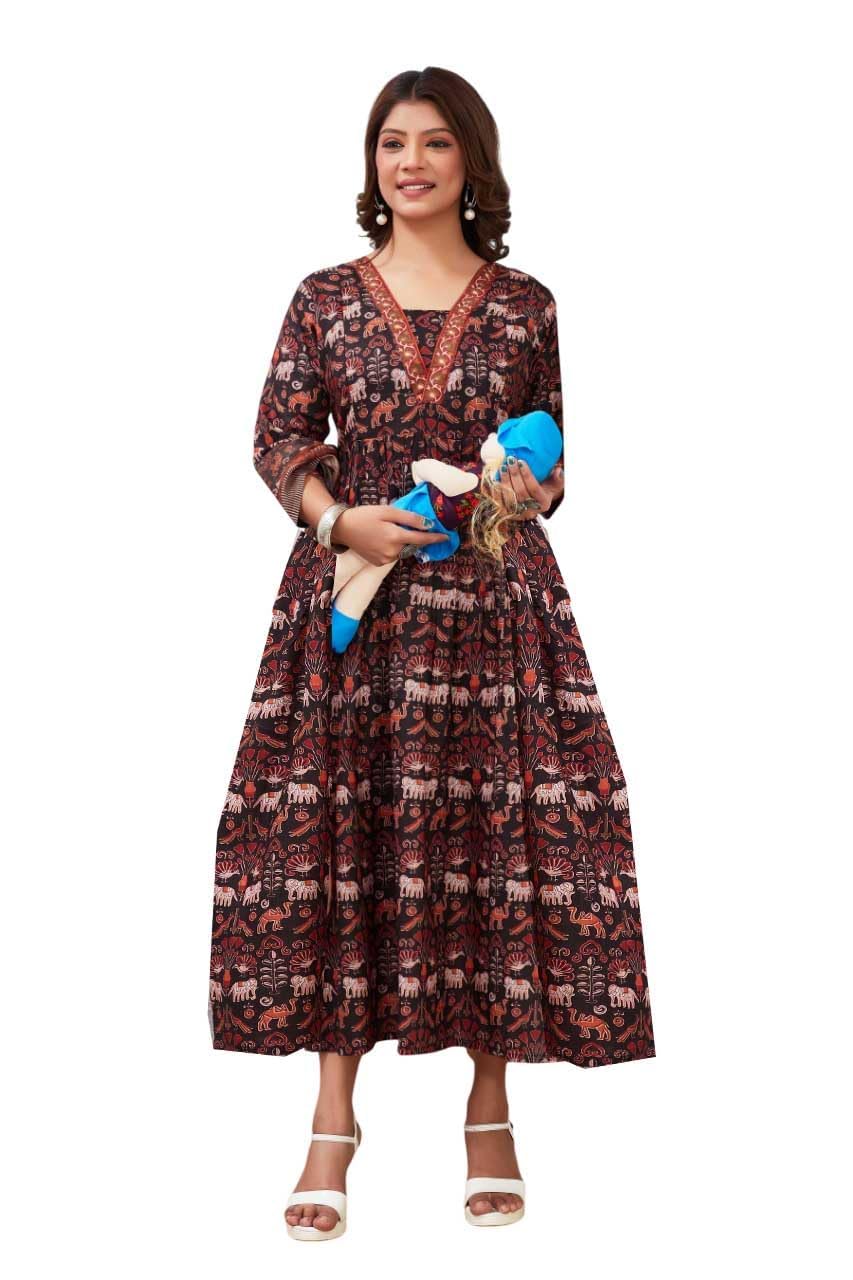 Women's Rayon Anarkali Maternity Dress, Pregnancy Dress,Feeding Kurti,Easy Brest Feeding Dress, with Both Side 9 inch Zipper