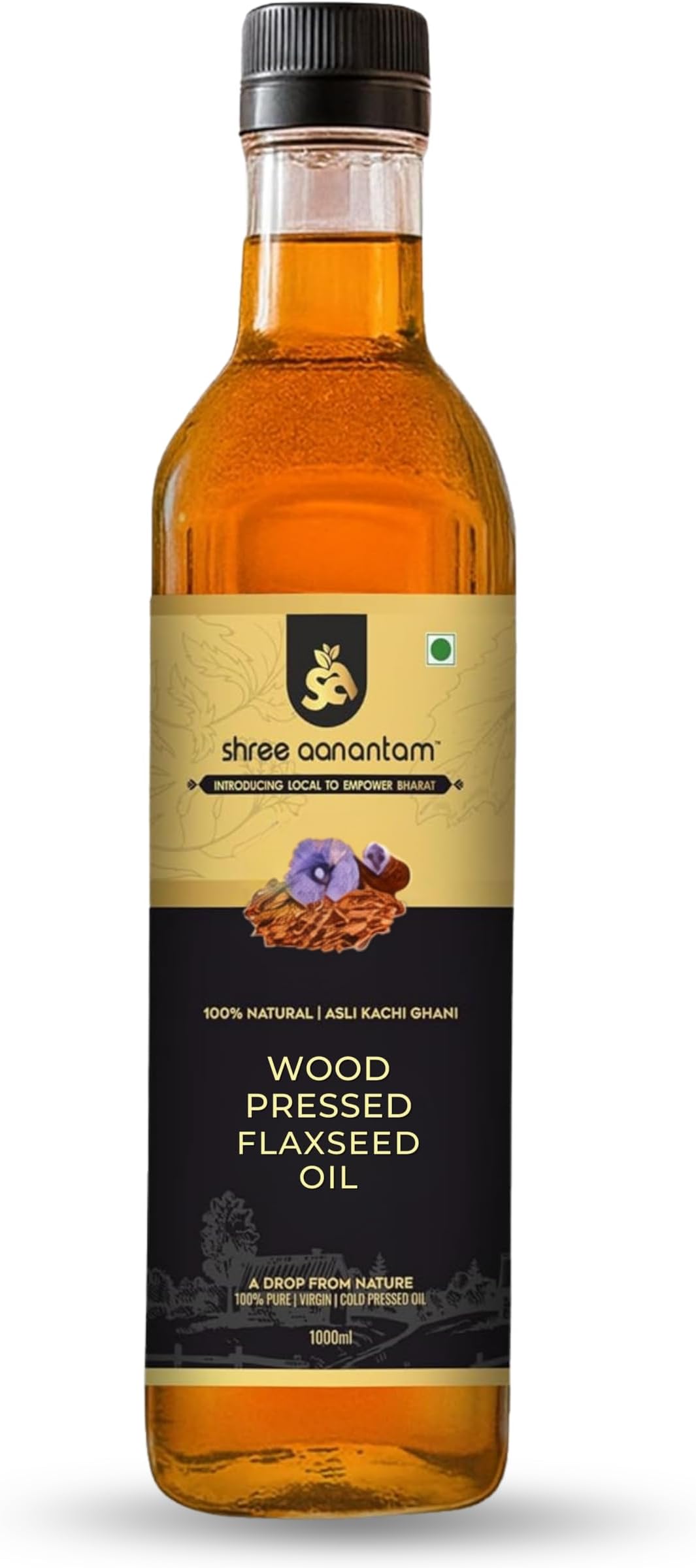 - Shree Aanantam Wood Pressed Flax seed Oil - 1 Litre |Kolhu/Kacchi Ghani/Chekku | Natural | Chemical-Free | Cold Pressed Flaxseed Oil for Cooking | Alsi Ka Tel | High in Omega - 1l (Pack of 1)