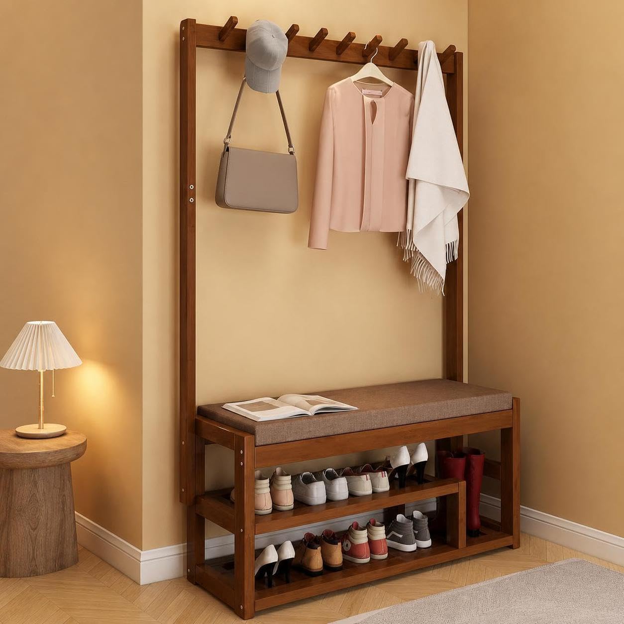 Árbol de Entrada, Perchero y Banco de Almacenamiento de Zapatos, Banco de Madera Maciza con Asiento Acolchado, Multifuncional