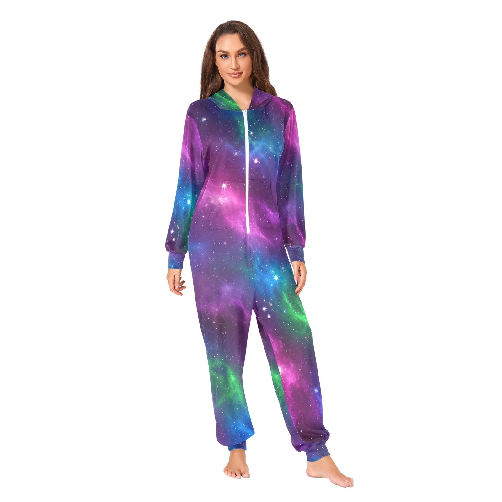 Tutina da adulto colorata con nebulosa galassia per uomo e donna, tuta in pile con cappuccio, costume da pigiama con cerniera
