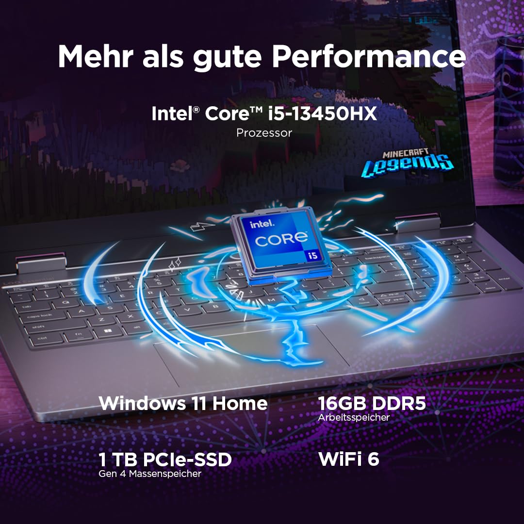 Lenovo LOQ Essential Gaming AI Laptop | 15.6" FHD 144Hz | NVIDIA GeForce RTX 5050 | Intel Core i5-13450HX | 16GB RAM | 512GB SSD | Windows 11 | QWERTZ | Weiss-beleuchtet | Grau | 3 Monate Game Pass
