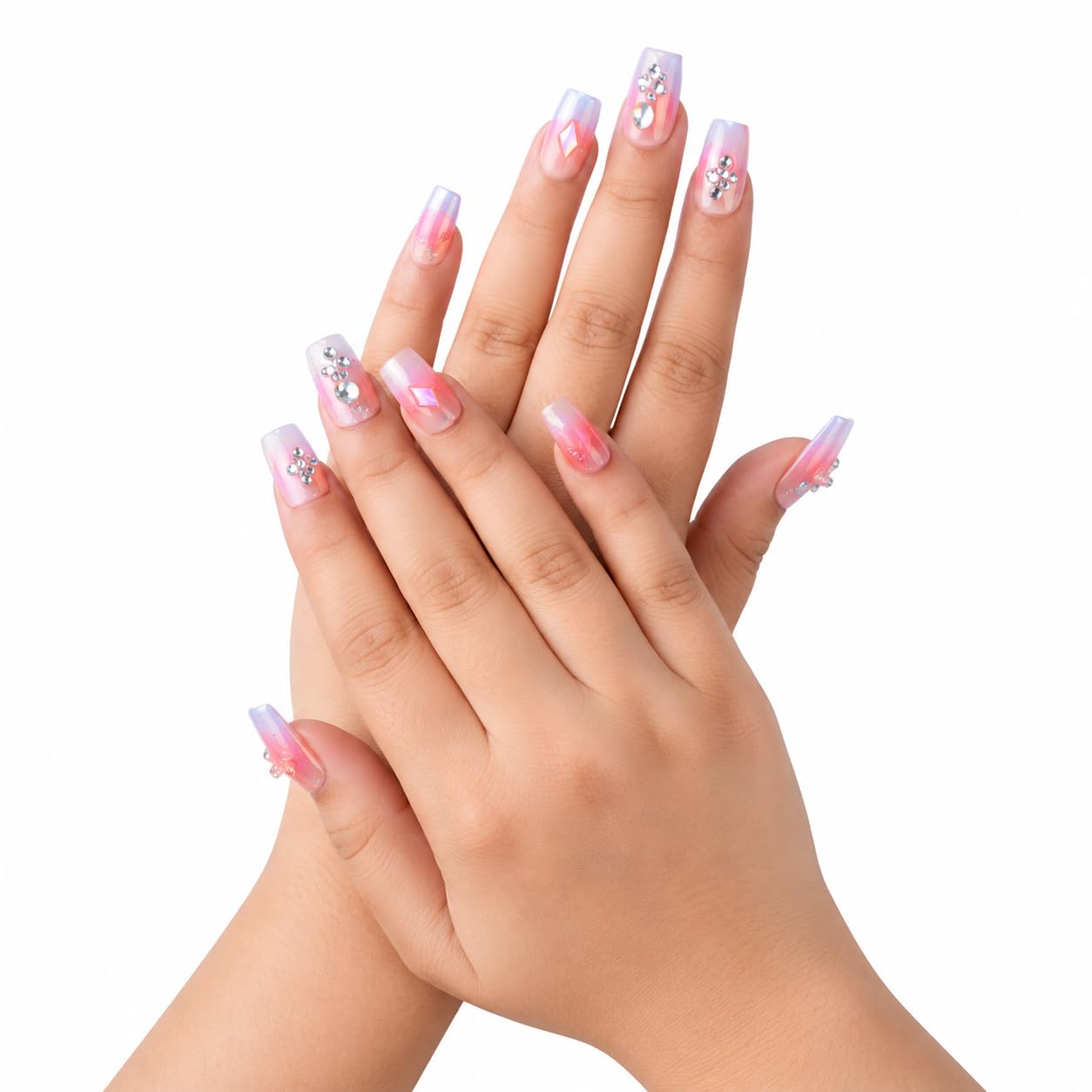 24 Pcs Reusable Press On Nails for Women | Glossy Pink Ombre Fake Nails with Adhesive Tabs | Long Square Acrylic Artificial Nails | Full Cover Stick-On Nail Set for Party, Wedding & Daily Wear(Pink)