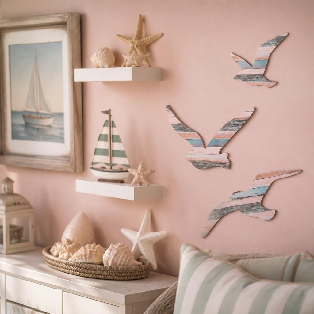 Large Wooden Seagull Wall Decor Nautical Theme Coastal Beach Wall Art 3 Pcs