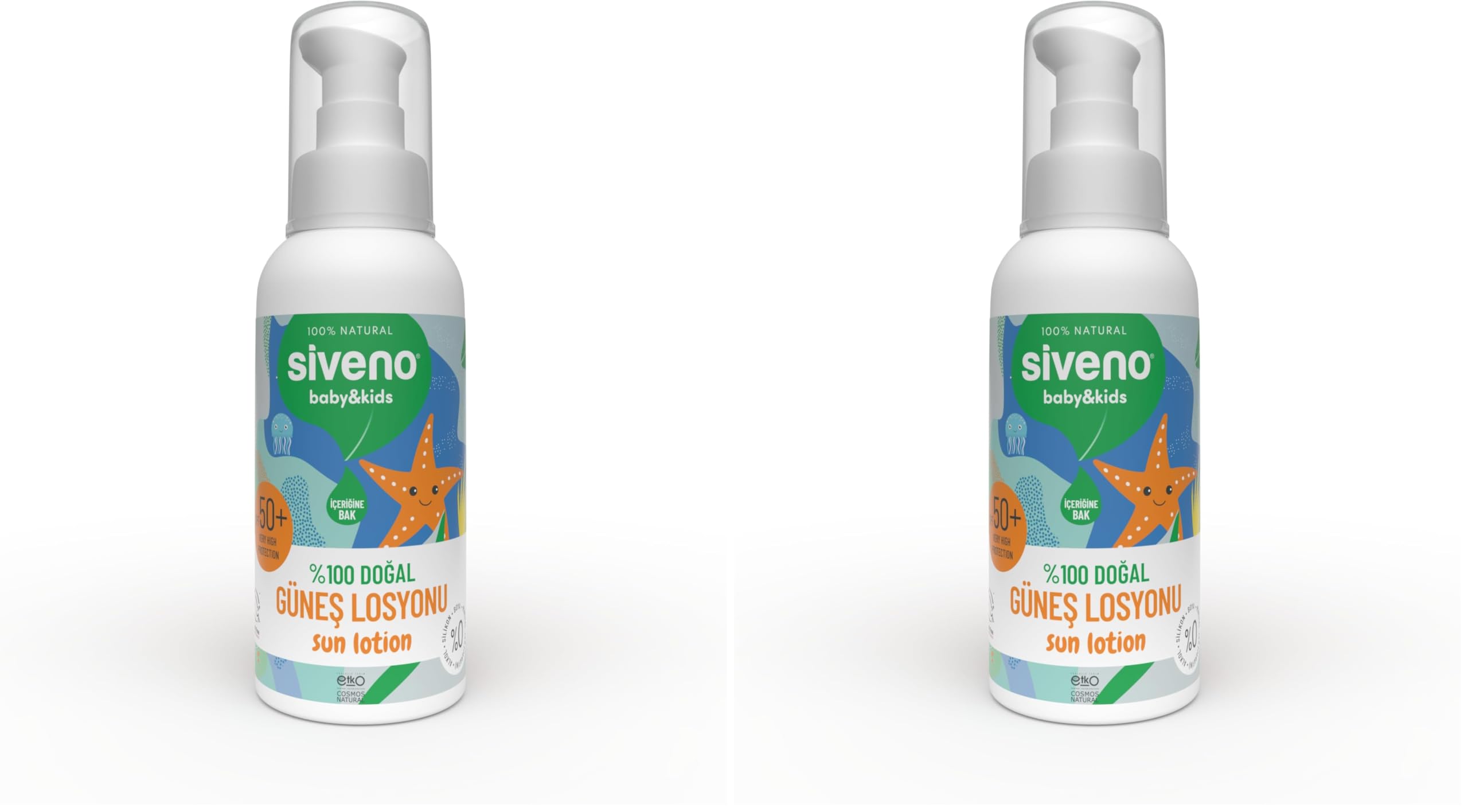 Siveno%100 Doğal Çocuk Güneş Losyonu Leke Karşıtı Nemlendirici Bitkisel Vegan UVA UVB SPF 50+ 100 ml (2 paketi)
