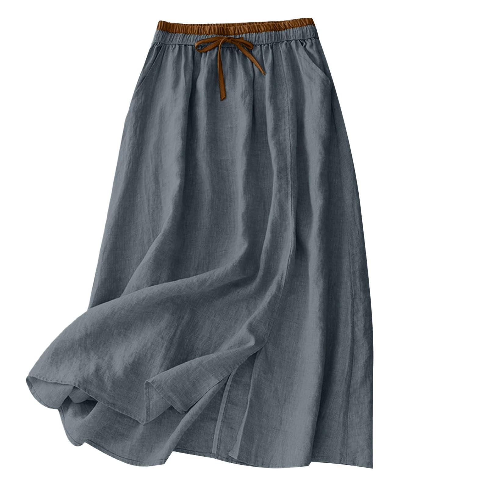 Gonna estiva da donna, elegante, in cotone e lino, leggera, traspirante, elasticizzata, con tasche e coulisse