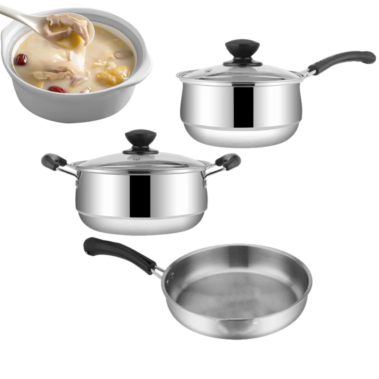 Set di utensili da cucina in acciaio , antiaderenti, 3 pezzi | pentole e padelle antiaderenti con coperchio