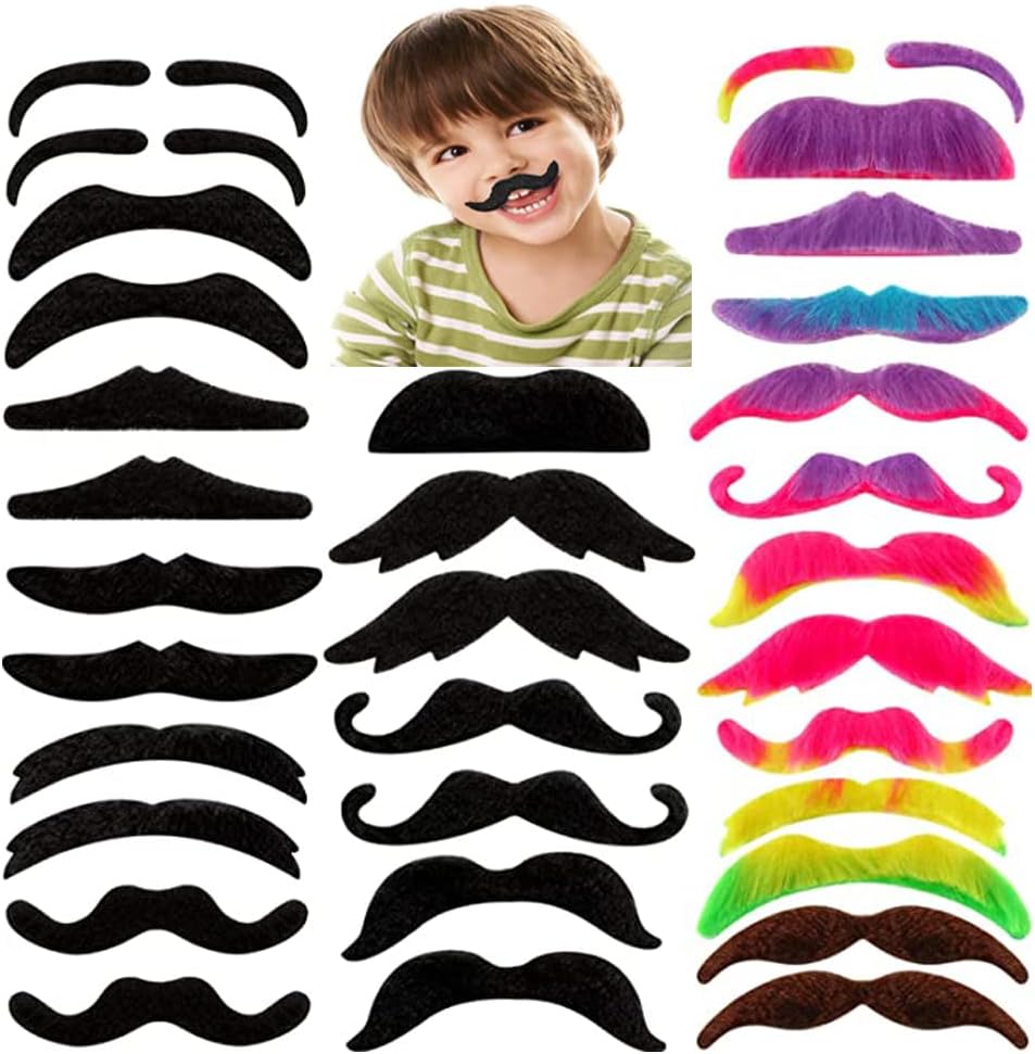 Ricjurzzty Fake Mustaches Set Self Adhesive Novelty Moustaches Fiesta Masquerade Party Supplies Halloween Costume, 5 Years