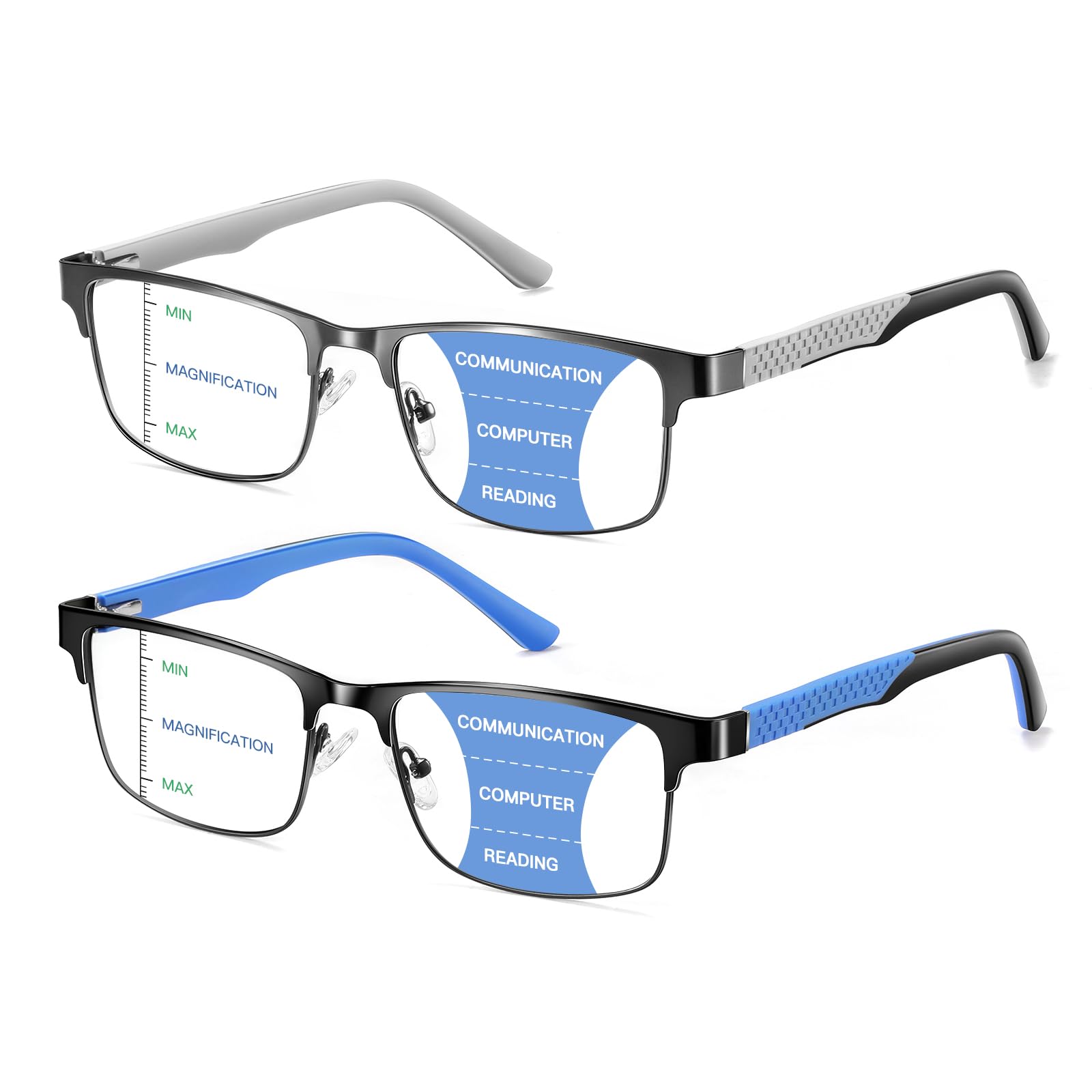 Lesebrille für Herren, quadratisch, Metallrahmen, zweifarbig, Silikonbügel, blaues Licht, blockierende Lesebrille mit Federscharnier, 2 Stück