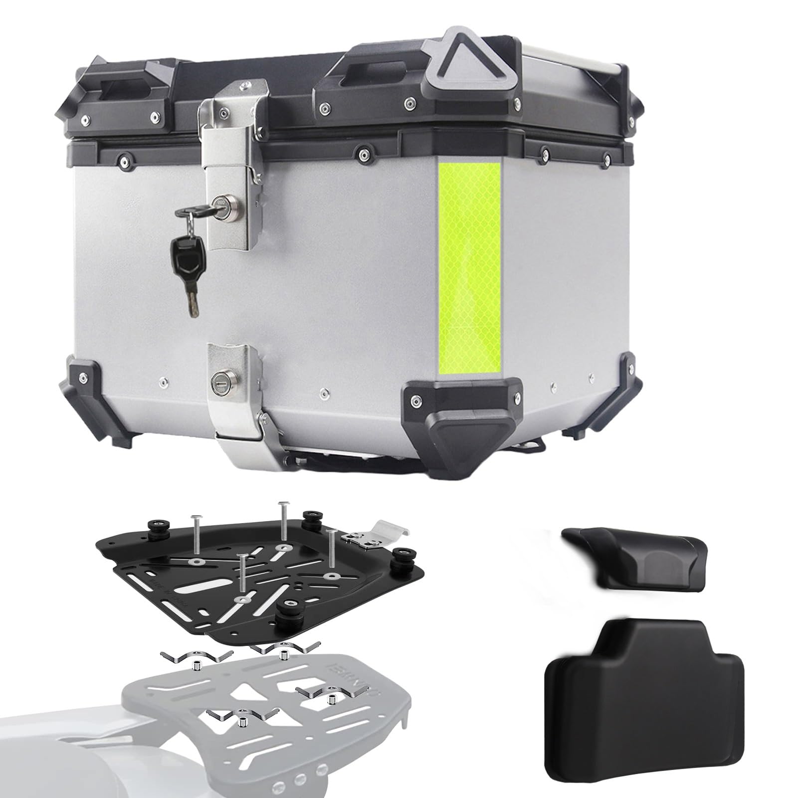 Baúl de Aluminio para Moto 45L 55L 65L 80L 100L, Maleta Top Case Impermeable, Maletero de Motocicleta, Caja para Scooter con Placa de Montaje y Respaldo (Plata, 55 L)