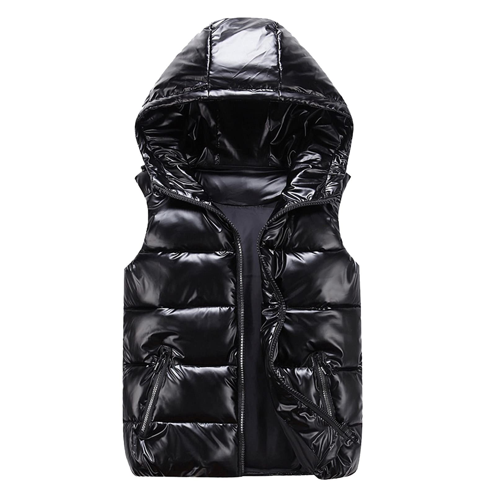 cutecool Chaleco acolchado brillante para mujer - Chaqueta acolchada sin mangas Chaleco monocolor con cremallera Casual Chaqueta con capucha Unisex Chaqueta de invierno capucha