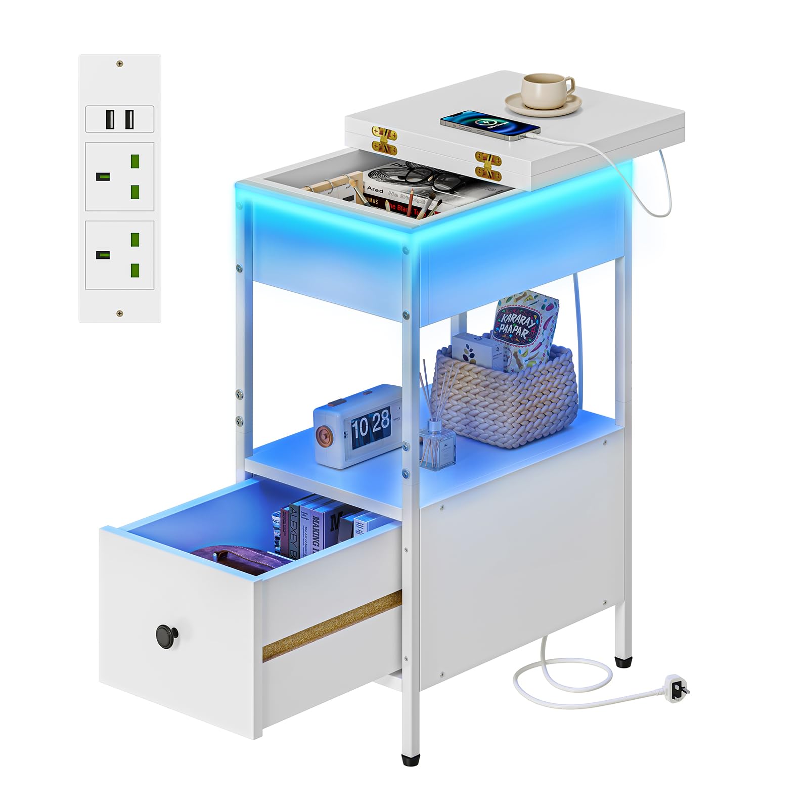 Dripex Slim 30cm Wide Side Table, Narrow Bedside Table With Charging Station, Flip-Up Tabletop, Wooden Drawer, LED Compact WhiteCabinet Nightstand, Perfect for Small Bedrooms/Flats