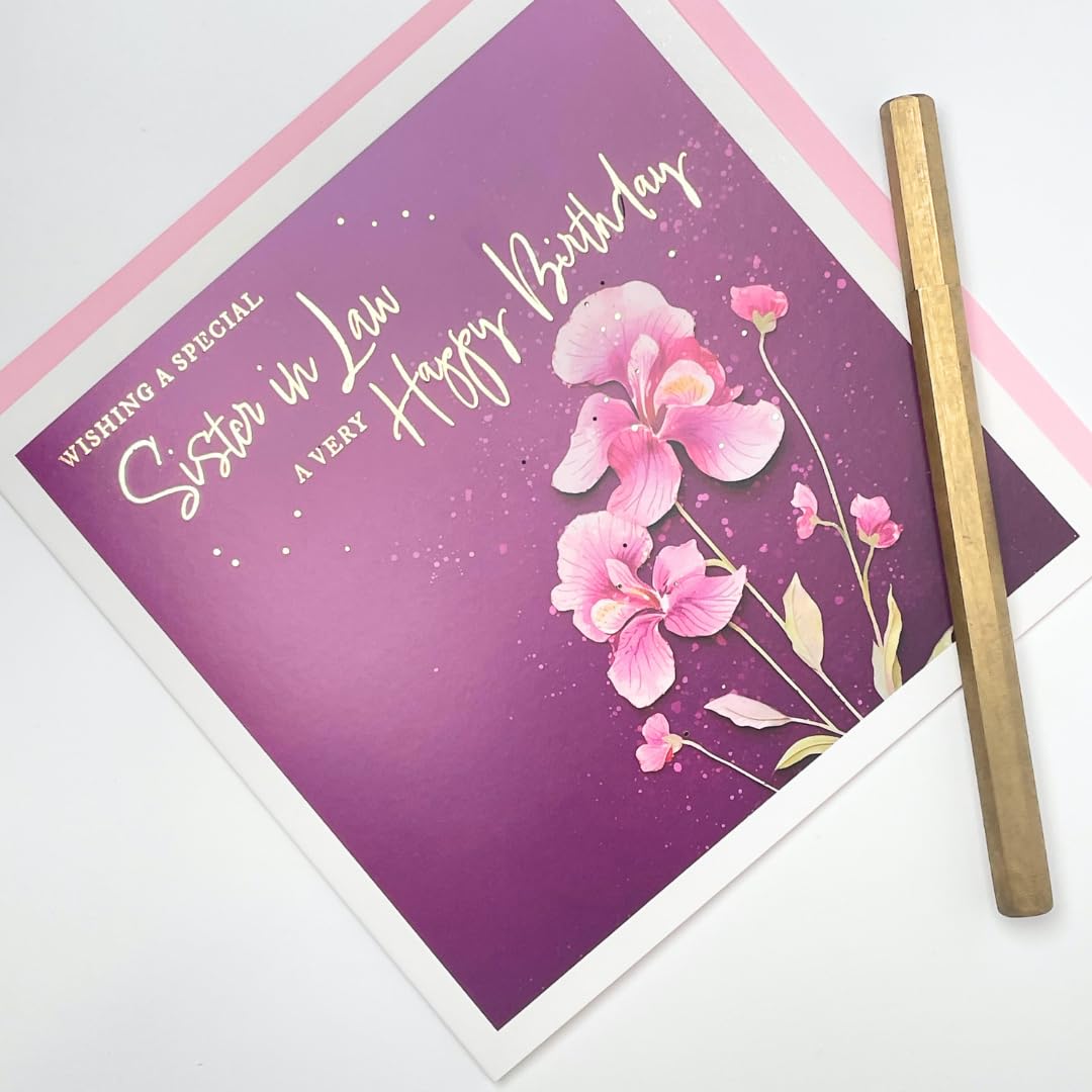 Old English Co. - Biglietto di compleanno per cognata, speciale biglietto di compleanno femminile, favoloso design con cocktail rosa viola, lamina dorata, per 21°, 30°, 40° compleanno, interno bianco