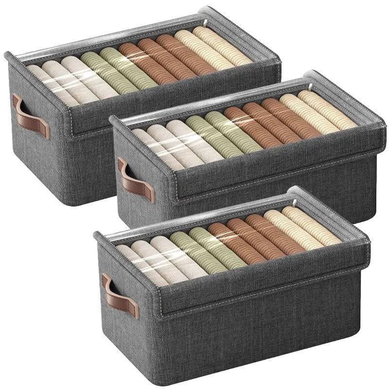 PRIME PICK Storage Box & Cloth Organiser Pack of 3 clothes organizer Non-Woven Wardrobe Organizer for Storage Foldable Washable Box with Lid Metal Frame & Handles Ideal for Almirah Drawer etc.-image-43