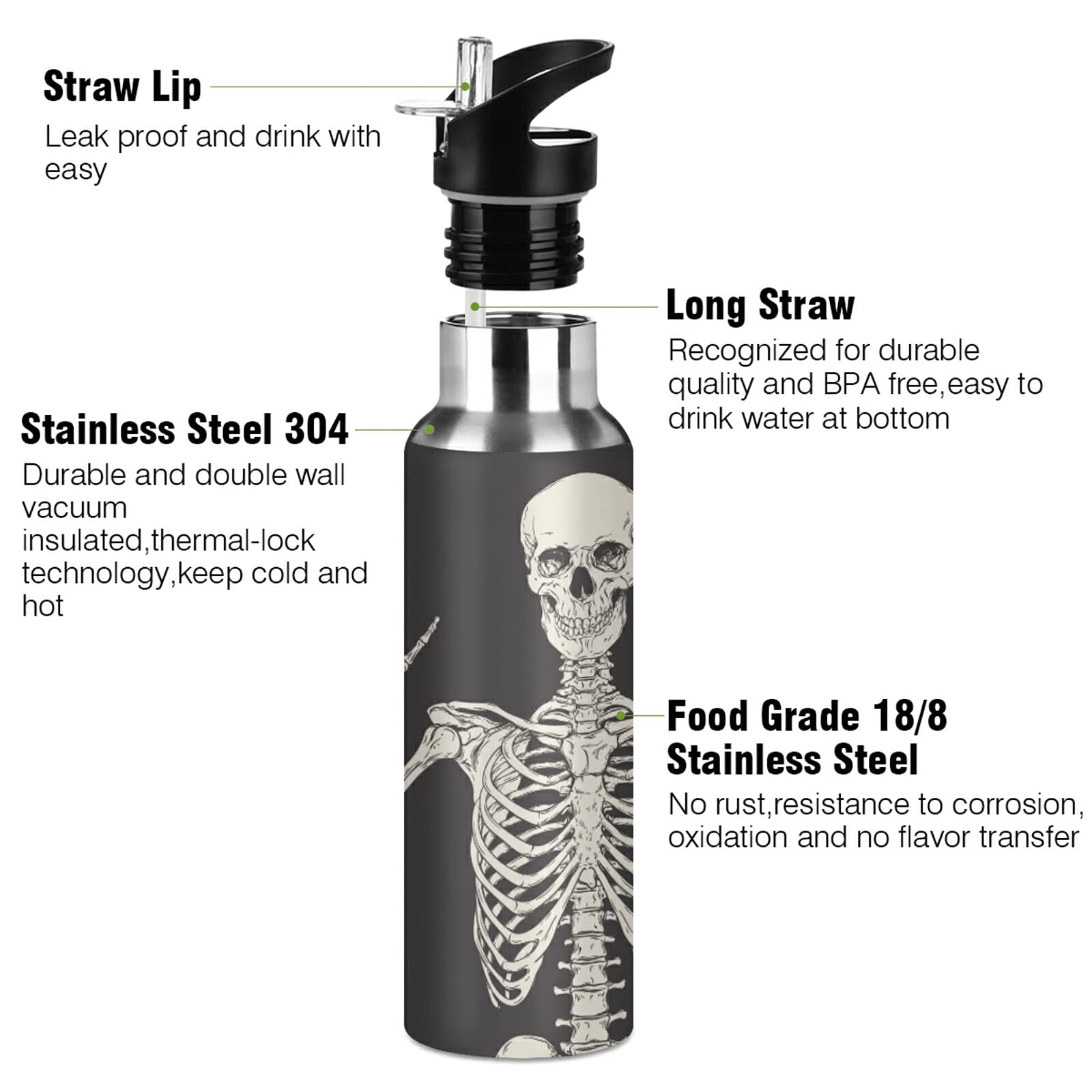 Edelstahl-Trinkflasche Mit Strohhalm – 900 Ml, Doppelwandig, Vakuumisoliert, Auslaufsicher, Graues Totenkopf-Motiv
