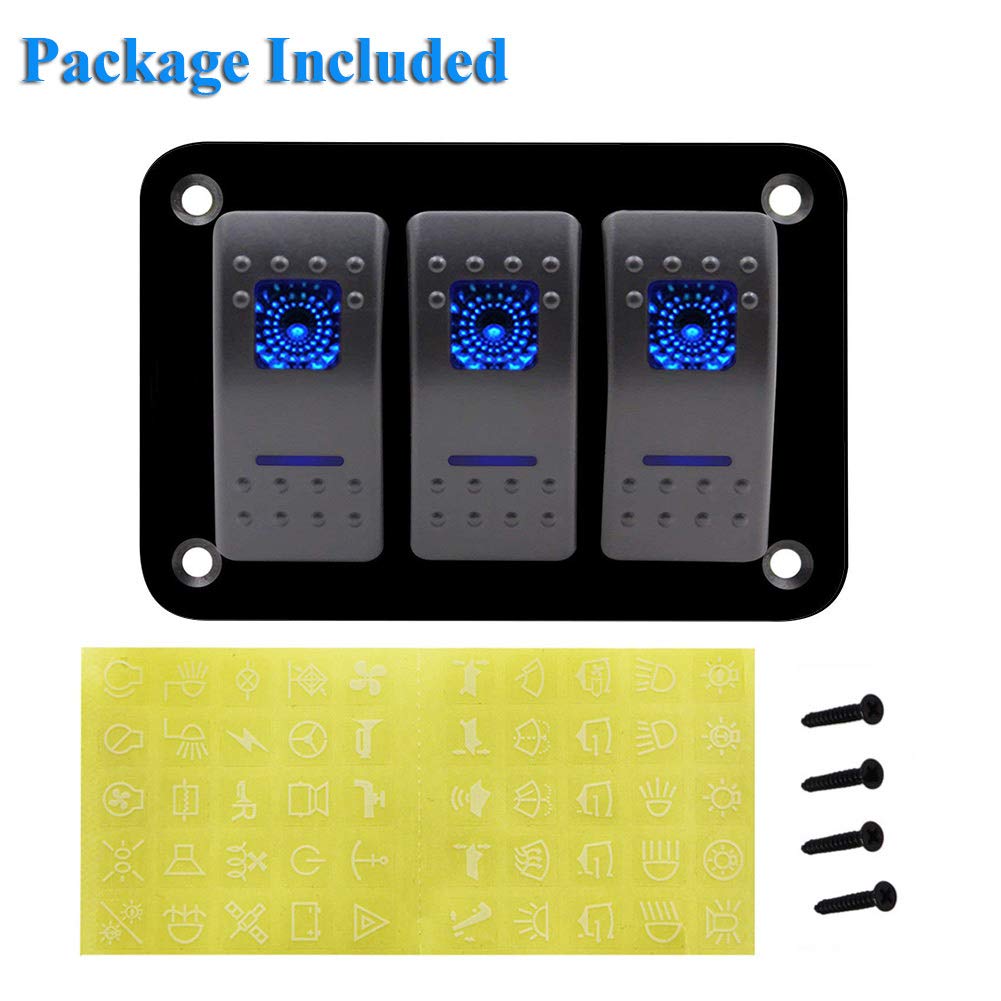 Geloo Panel de Interruptores de 3Gang Universales de Aluminio de 12V Interruptor Basculante Precableado 5 pines Encendido/Apagado Azul LED Retroiluminados