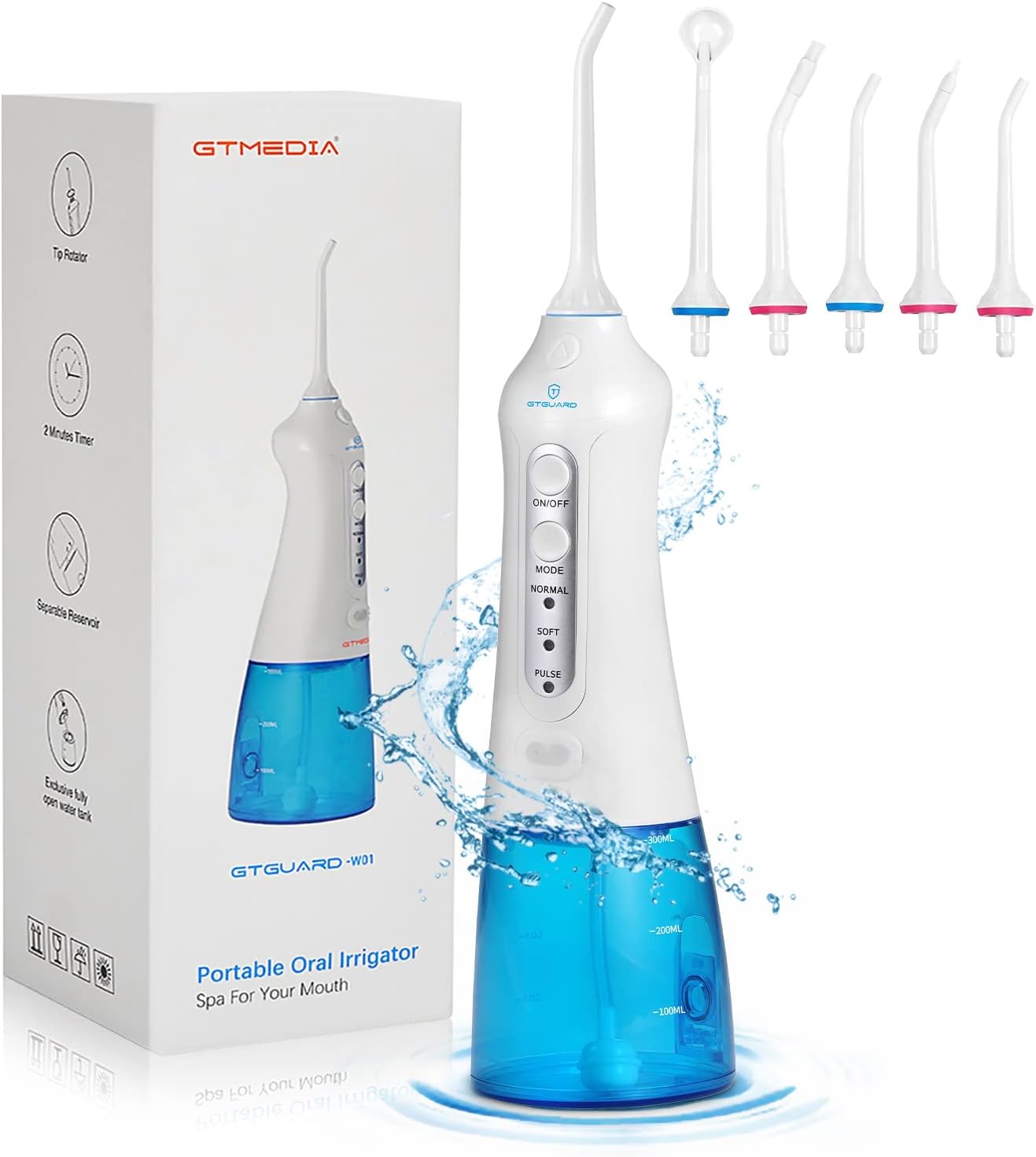 GT MEDIA Cordless Water Flosser Oral Irrigator: Dental Teeth Cleaning Water Pick IPX7 Waterproof 3 Modes with 5 Jet Tips Professional Portable Dental Flossers Deep Clean for Home &Travel
