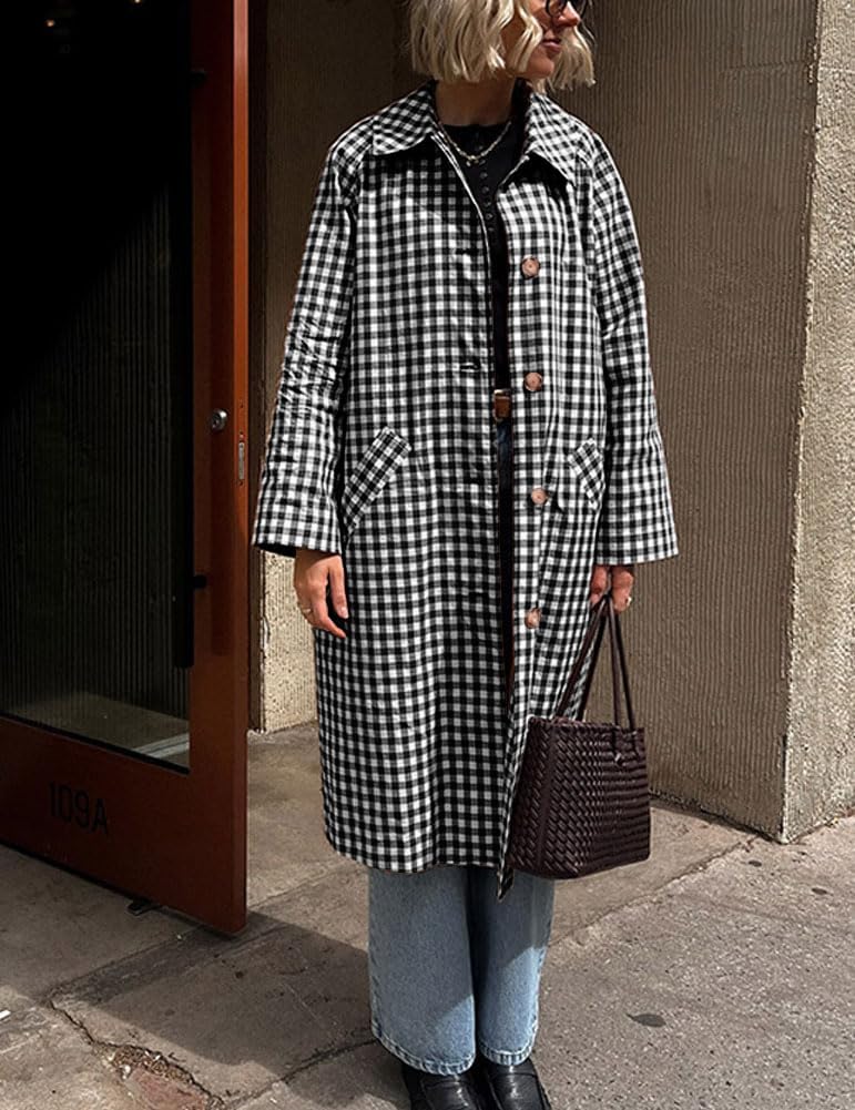 chouyatou Women's 2026 Spring Plaid Long Trench Coat Single Breasted Casual Barn Jacket Outerwear Overcoat