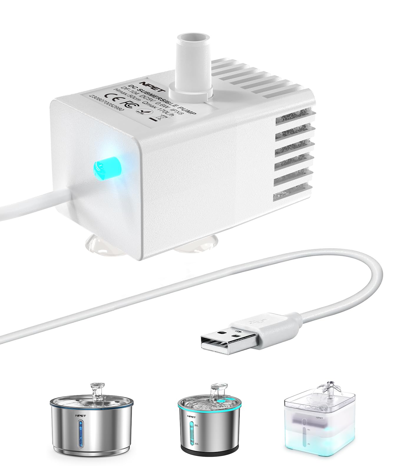 NPET Pet Water Fountain Water Pump with LED Light for WF020/WF050/WF210 Cat Fountain