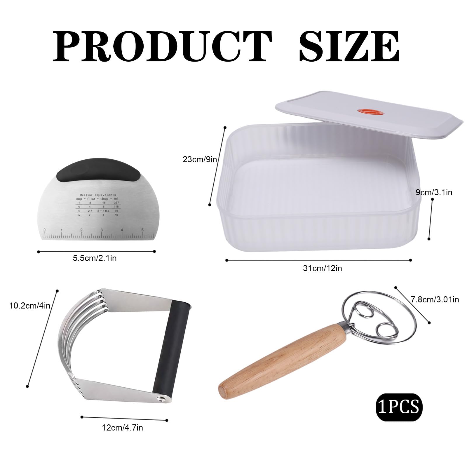 Pizzateig Box mit Deckel 31 x 23 x 9 cm, Backset mit 3 Helfern | Transparenter Teigbehälter zeigt die Teigentwicklung und ergänzt das Vorbereiten von Pizza oder Brot mit drei Backhelfern.