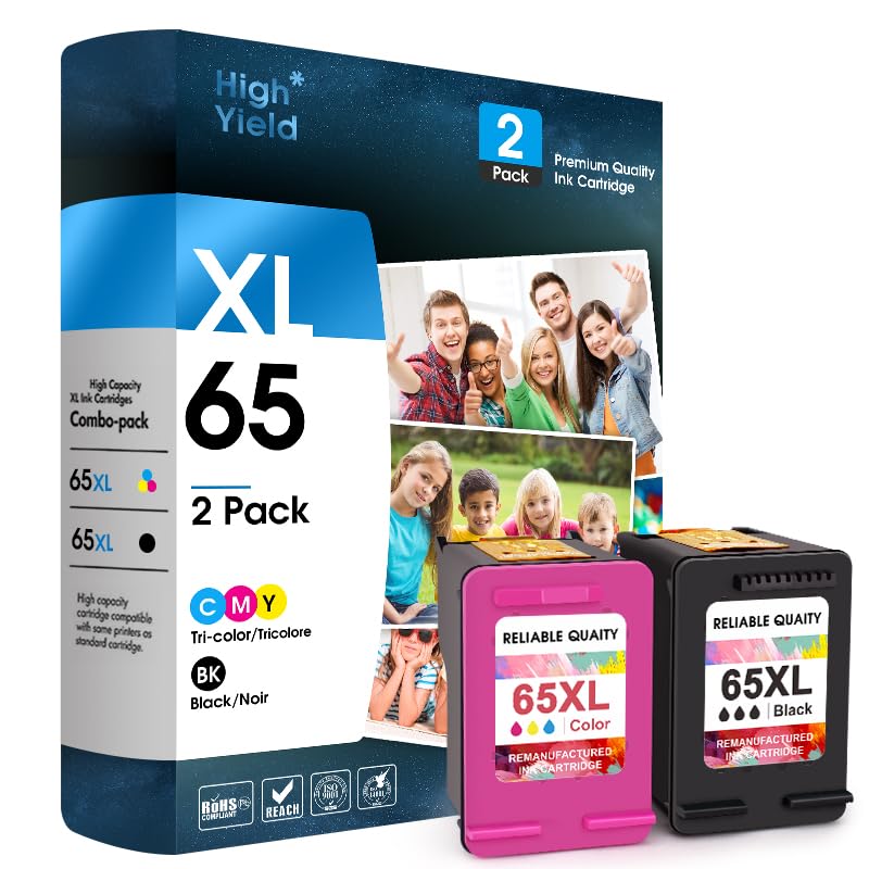 Remanufactured for HP 65 Ink cartridges Black/Color Combo Pack Works with HP Deskjet 3755 3772 3700 3722 3752 2600 2622Printer（1Balck ，1Color (1BK 1Color)