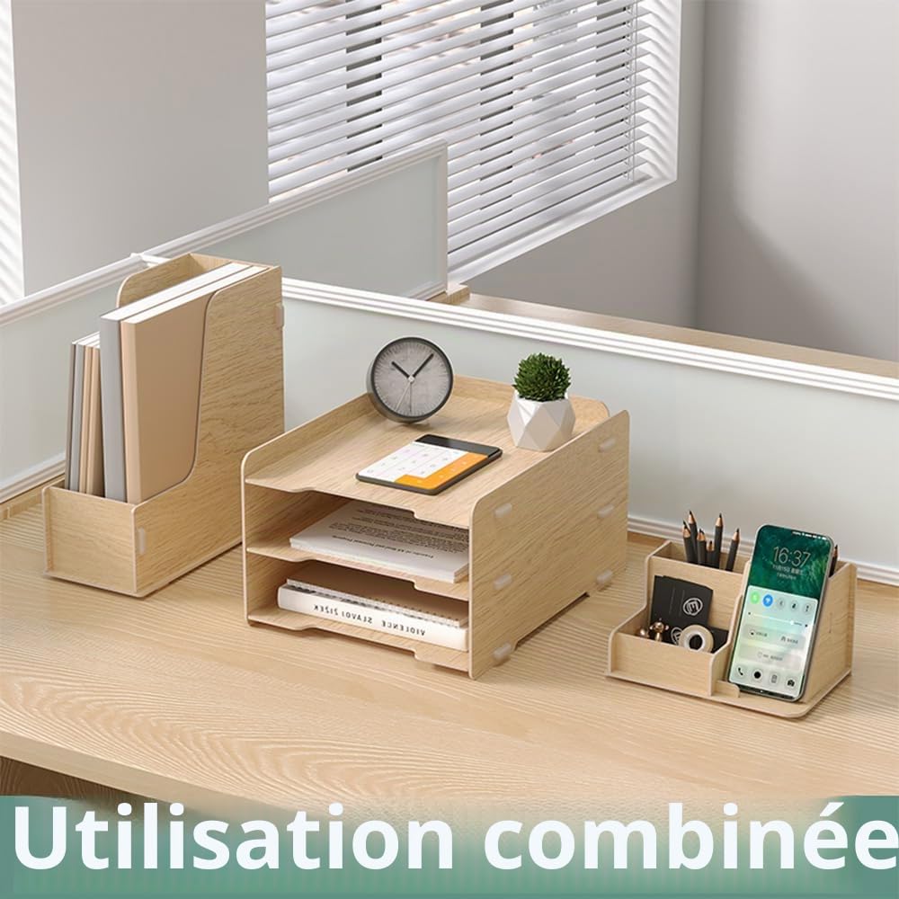 NUODWELL Ensemble de rangement de bureau en bois – Bac à courrier A4 3 niveaux, porte-documents, porte-stylos, organiseur de bureau (chêne)