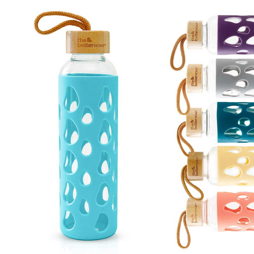 The Better Home Borosilicate Glass Water Bottle With Sleeve 550Ml | Non Slip Silicon Sleeve & Bamboo Lid | Water Bottles For Fridge (Pack Of 1), Light Blue