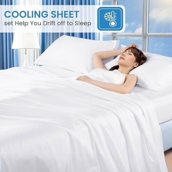 LBRO2M 100% Tencel Sheet Set Lyocell Cooling Sheets for Hot Sleeper Queen Size 4 Piece Silky Soft and Smooth Breathable Sheets,16 Inches Deep Pocket Bedding Set Wrinkle Resistant (Queen White)
