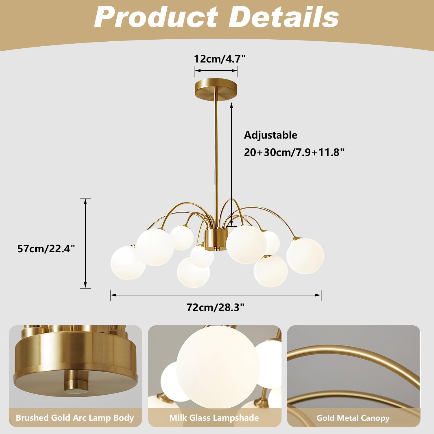 KCO Lighting Sputnik-Kronleuchter Gold mit 9 Weißglas-Kugeln, 73 cm höhenverstellbar, für Ess- und Wohnzimmer