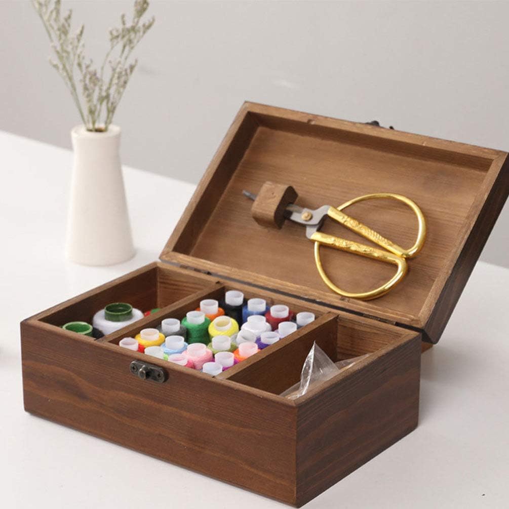 Retro Style Wooden Sewing Box Storage for Scissors Thread Embellishments Home Decor