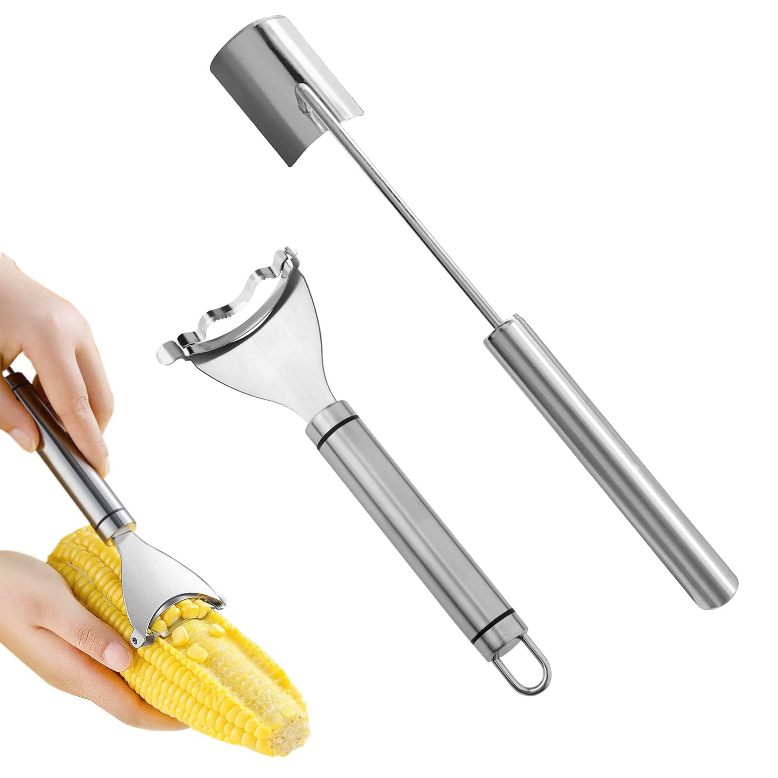 Juego de 2 peladores de maíz con mango largo y corto, herramientas de acero inoxidable para maíz crudo y cocido, utensilios de cocina duraderos para uso doméstico, barbacoa y restaurante