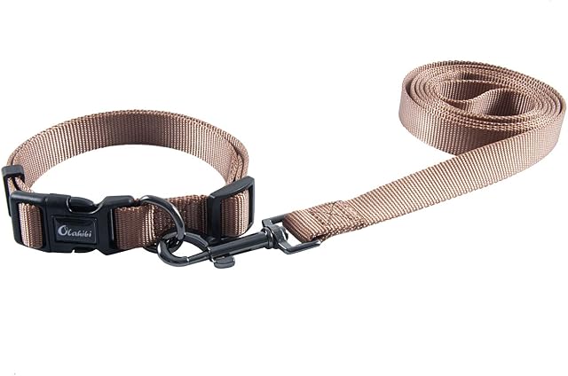 Olahibi Basic Dog Collar Leash Set,Durable Nylon Collar and 5ft Matching Lead for Small Dogs.(S, Brown Set)