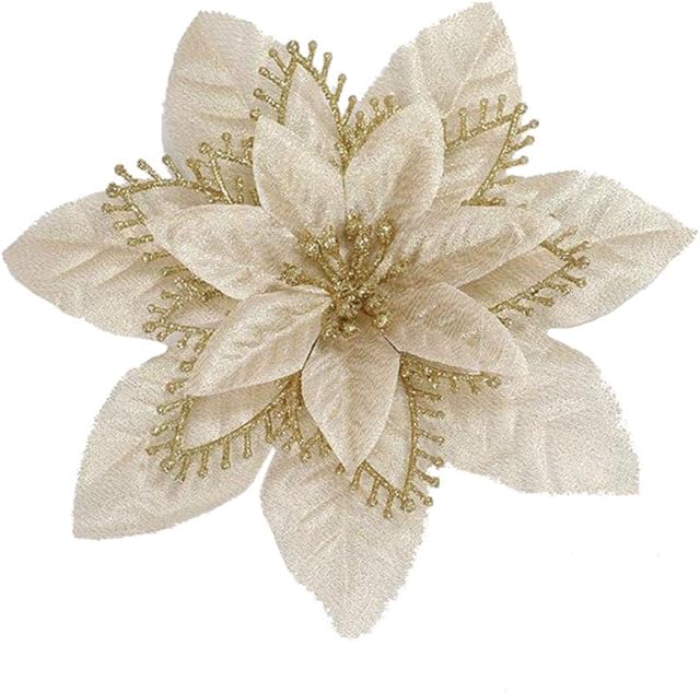 SUREH Pack of 12 Glitter Artificial Poinsettia Flowers Gold Christmas Tree Flower Ornaments Decorative Silk Poinsettia Flowers for Xmas Christmas Tree Wreaths Garland Decorations (No Clips)