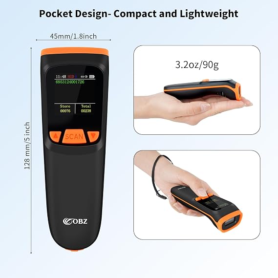 OBZ Portable Barcode Scanner Mini 2D Bluetooth Code Reader with Screen
