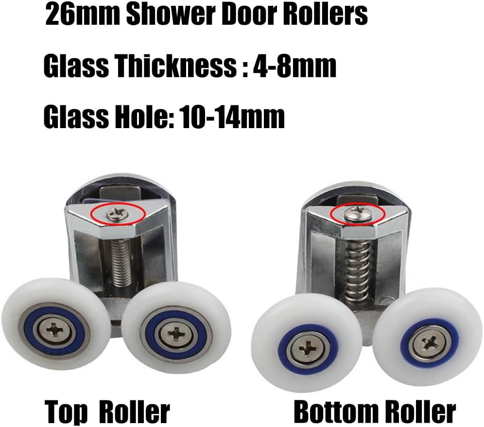 4PCS 26mm Shower Door Rollers for Curved Glass Doors 6-8mm | Replacement Sliding Shower Doors Wheels, 2xDouble Twin top/Bottom Shower ，Runners Pulleys
