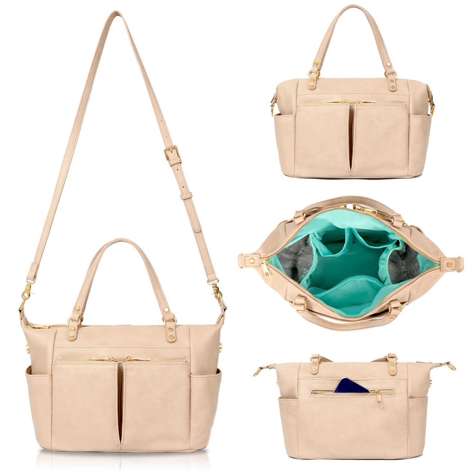 MOMINSIDE Small Leather Diaper Tote, Crossbody Bag with 13 Pockets, Insulated for Women Mom (Ivory)