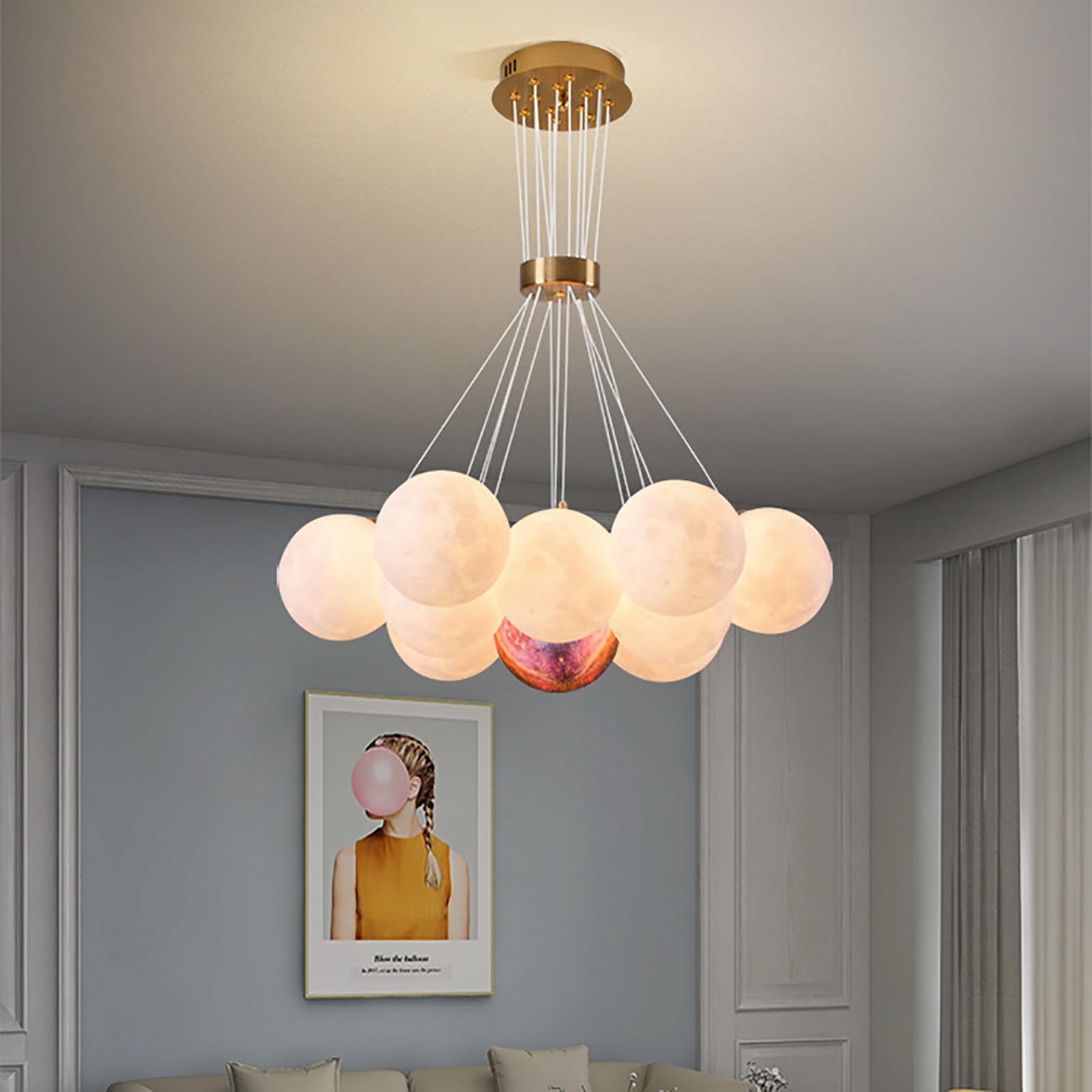 Nowoczesny żyrandol globusowy - 13 głowic regulowana lampa wisząca nadruk 3D księżyc planeta design stylowy wystrój bąbelkowy do oświetlenia sypialni i salonu